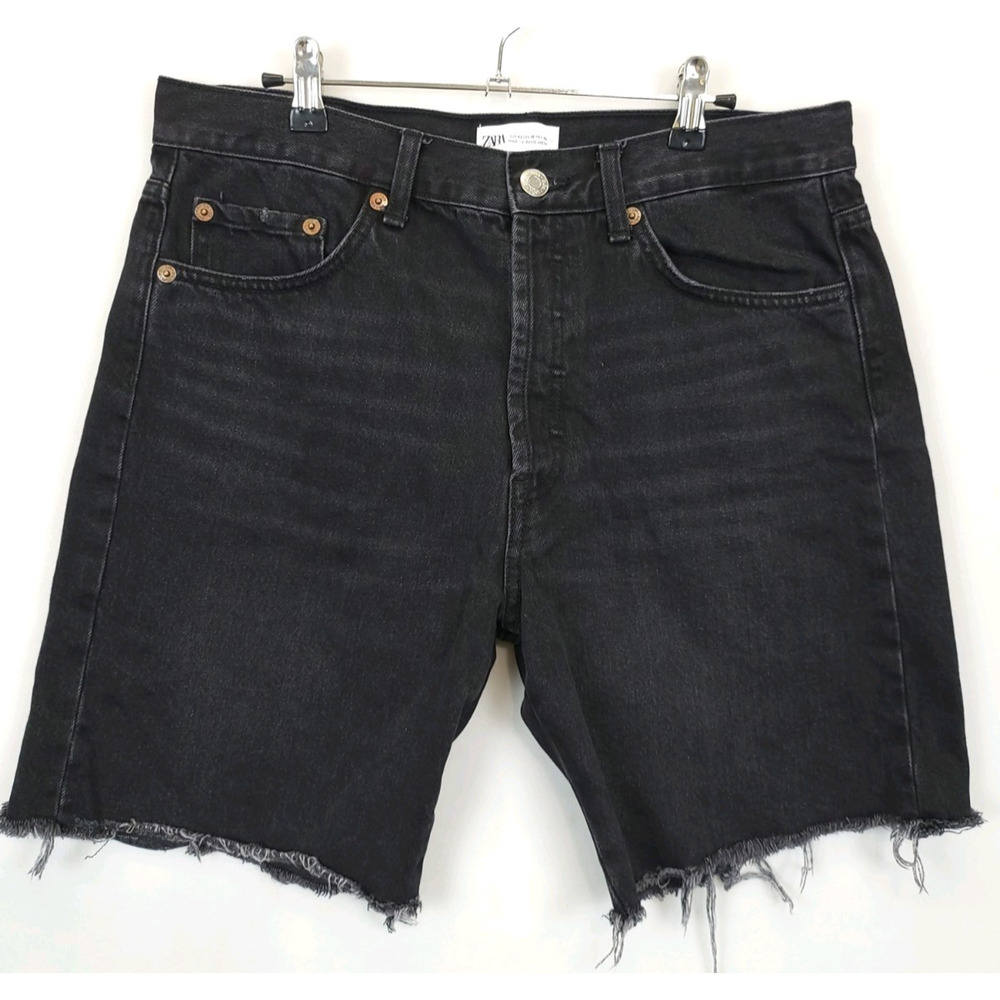 Zara‎ Button Fly Shorts Cut Off Frayed Hem Women 10 / 7 Black Festive Grunge